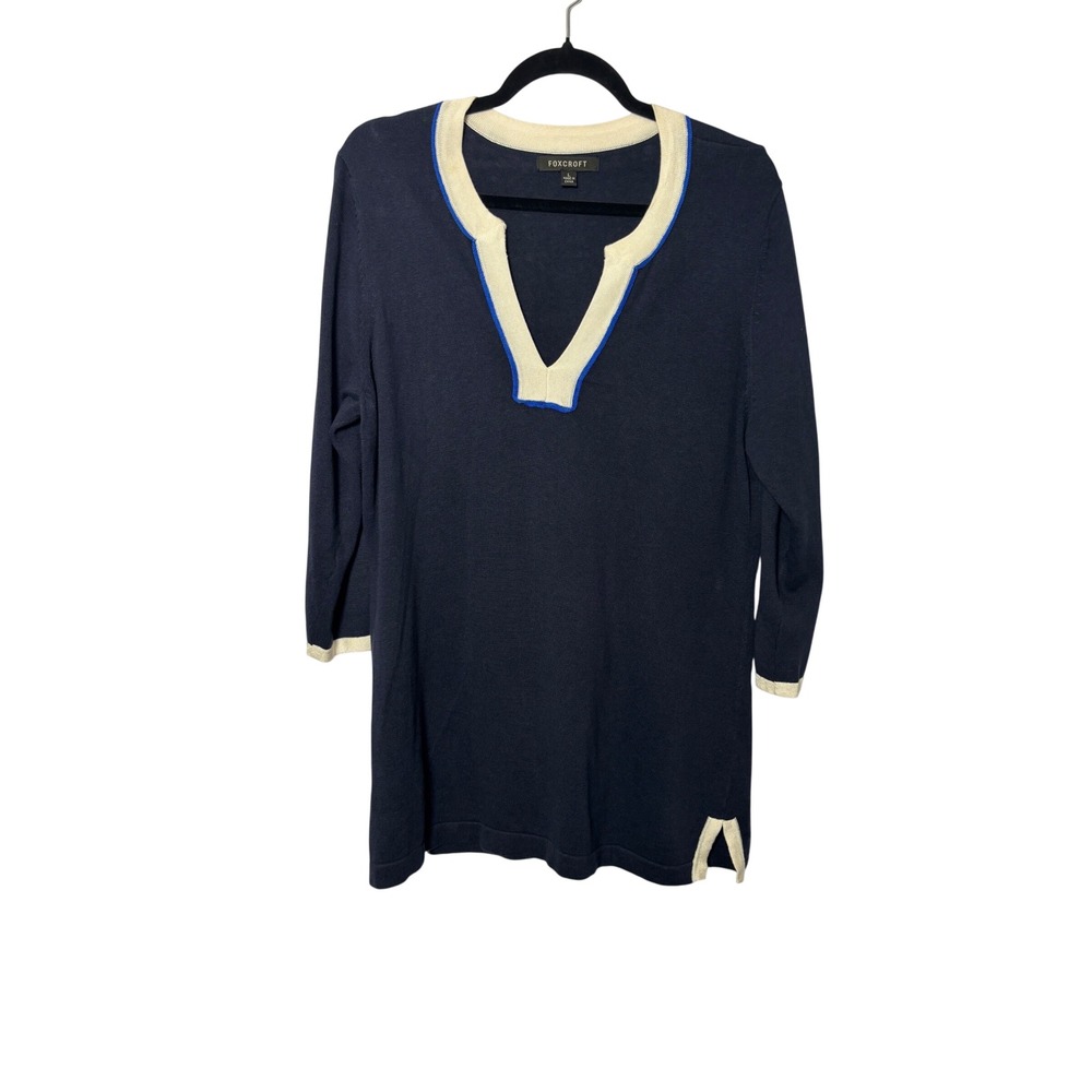 Foxcroft Women Tunic Sweater L Navy Blue Cotton Linen Split Neck Preppy Coastal